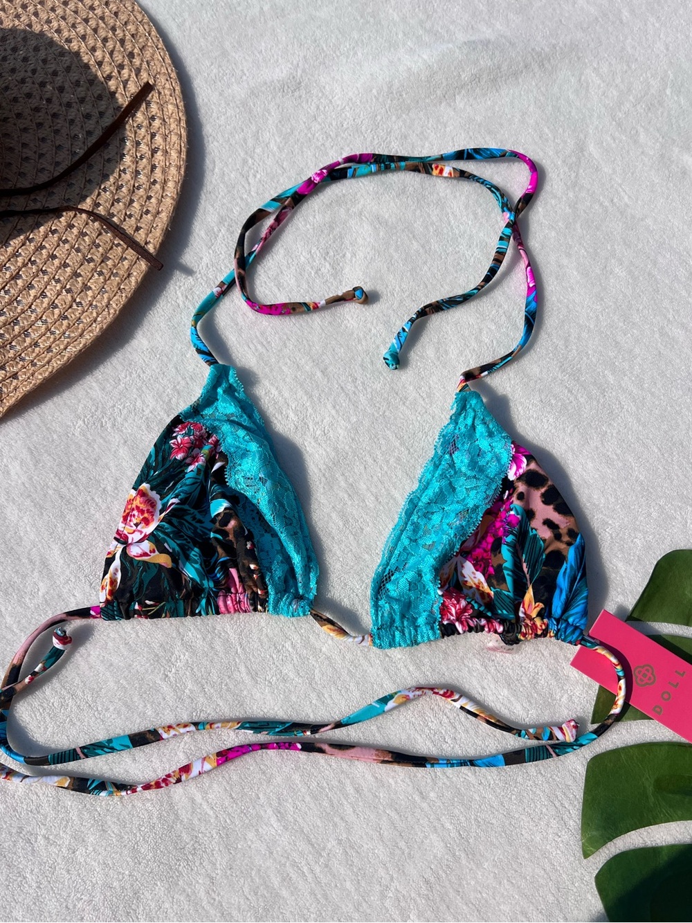 DOLL Swimwear Tropical Leopard Lace Triangle Bikini Top Large NWT